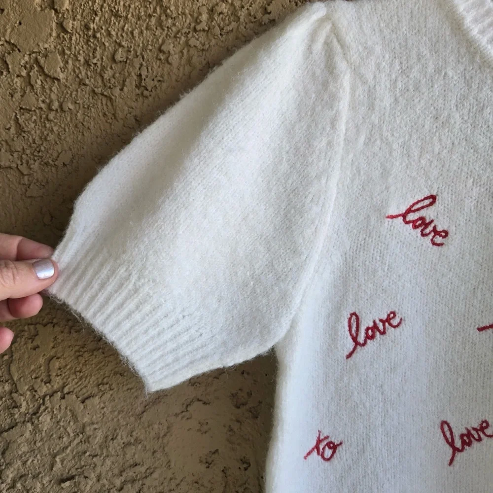 Cynthia Rowley Love Script Sweater White & Red Embroidered Puff Sleeve NWT XS - Picture 2 of 8